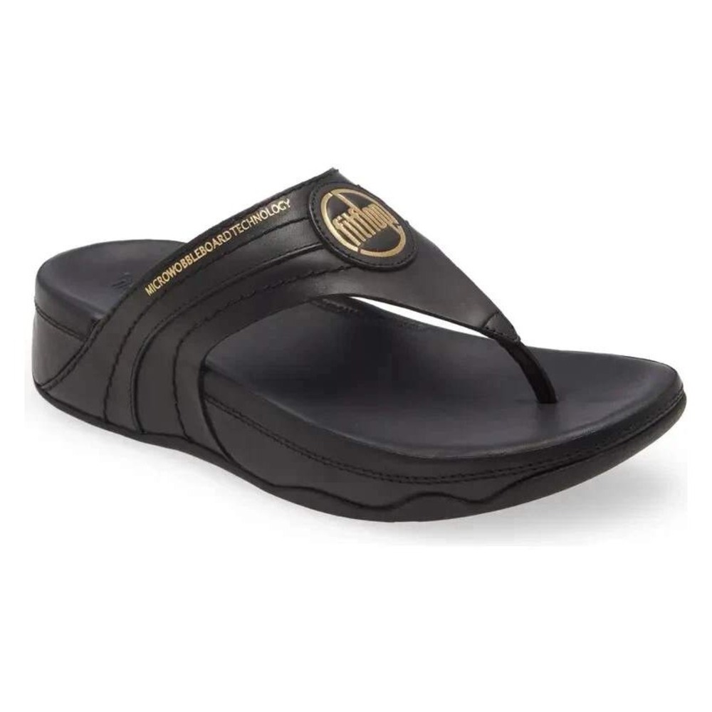 FitFlop Walkstar Leather Toe Post Sandals Black Gold Logo Sz9 Comfort Minimalist